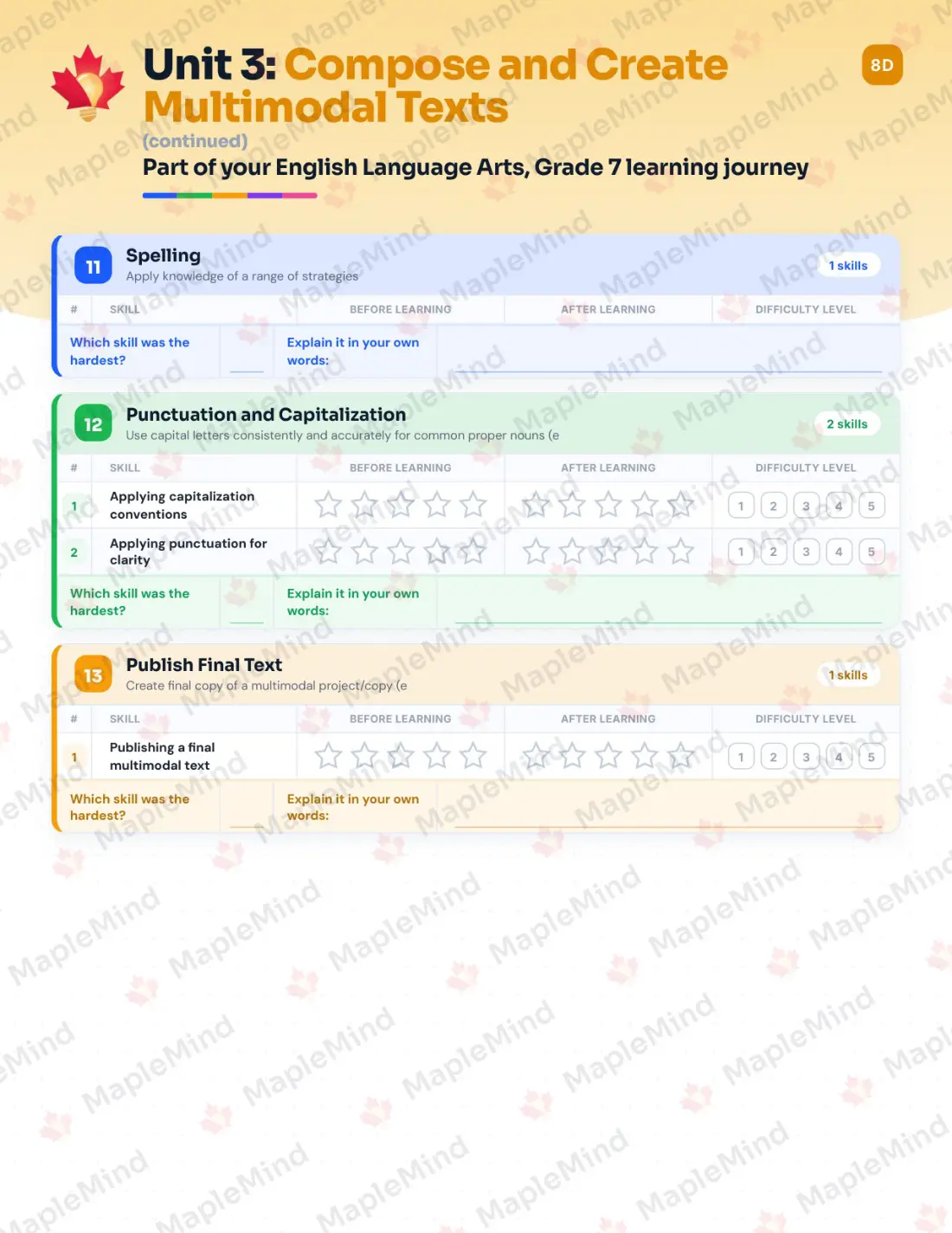 Page 20 of 36 from the English Language Arts, Grade 7 Manitoba Course Companion — skills tracker with before and after self-assessment