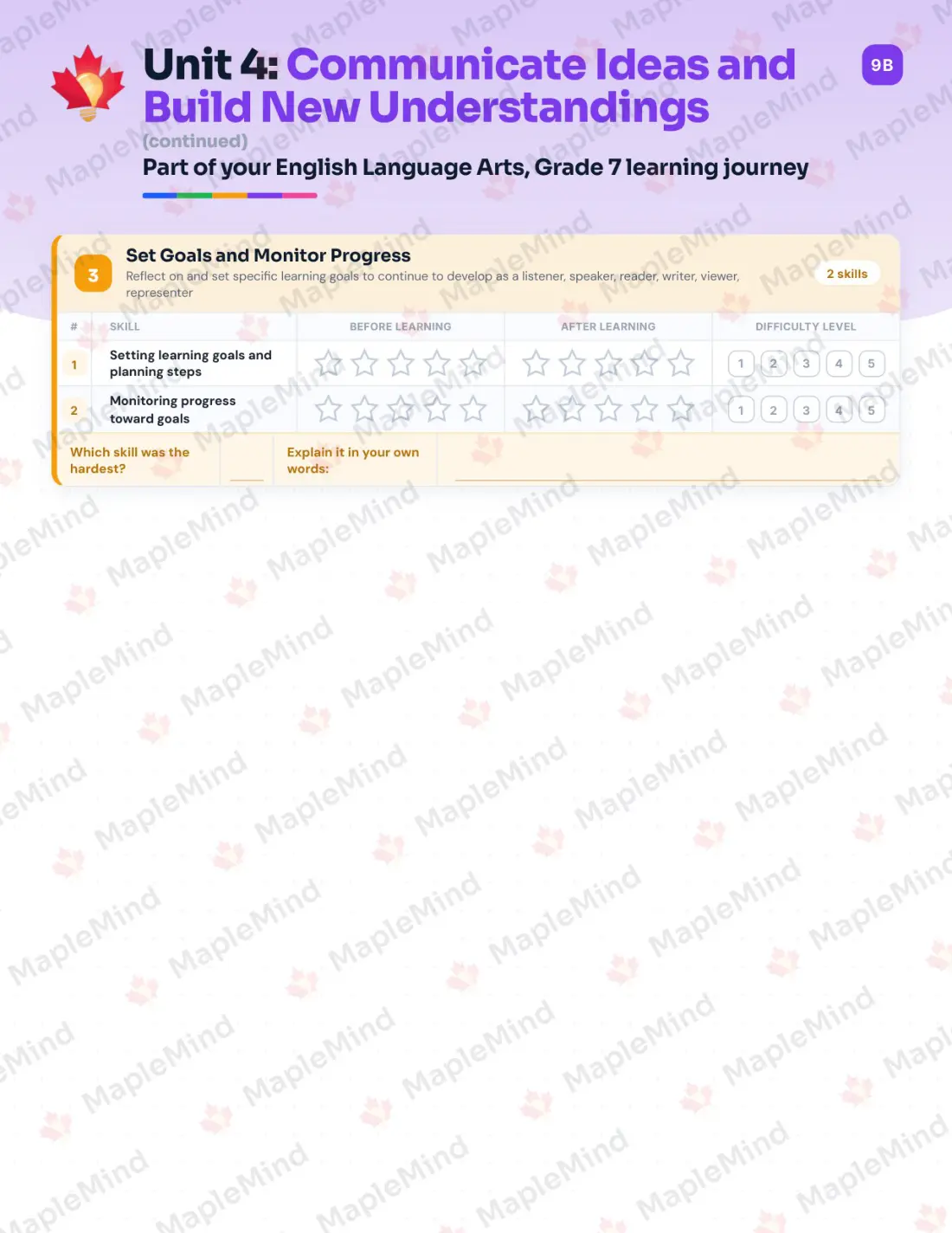 Page 24 of 36 from the English Language Arts, Grade 7 Manitoba Course Companion — skills tracker with before and after self-assessment