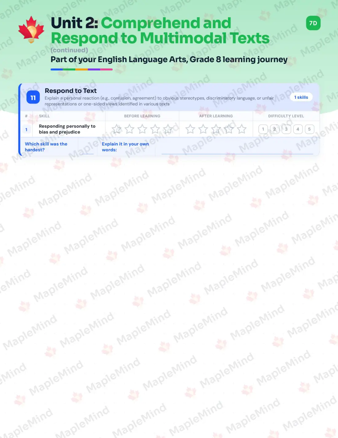 Page 14 of 36 from the English Language Arts, Grade 8 Manitoba Course Companion — skills tracker with before and after self-assessment