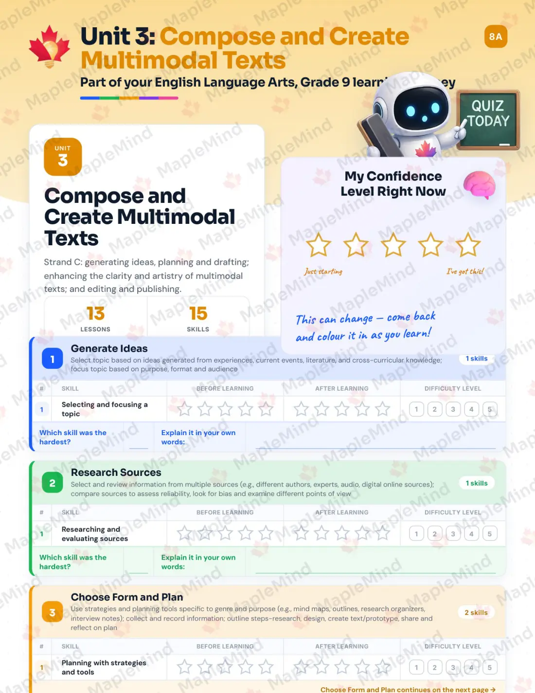 Page 18 of 37 from the English Language Arts, Grade 9 Manitoba Course Companion — skills tracker with before and after self-assessment