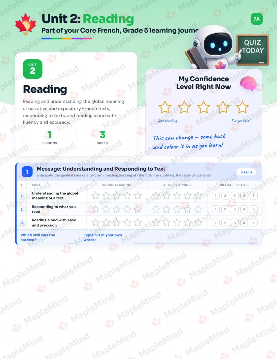 Page 9 of 27 from the Core French, Grade 5 Manitoba Course Companion — skills tracker with before and after self-assessment