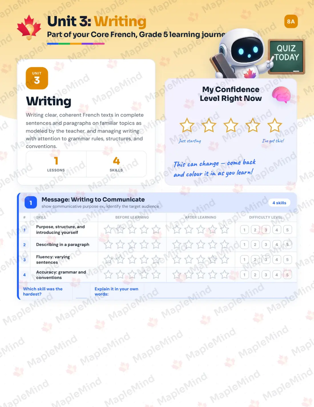 Page 12 of 27 from the Core French, Grade 5 Manitoba Course Companion — skills tracker with before and after self-assessment