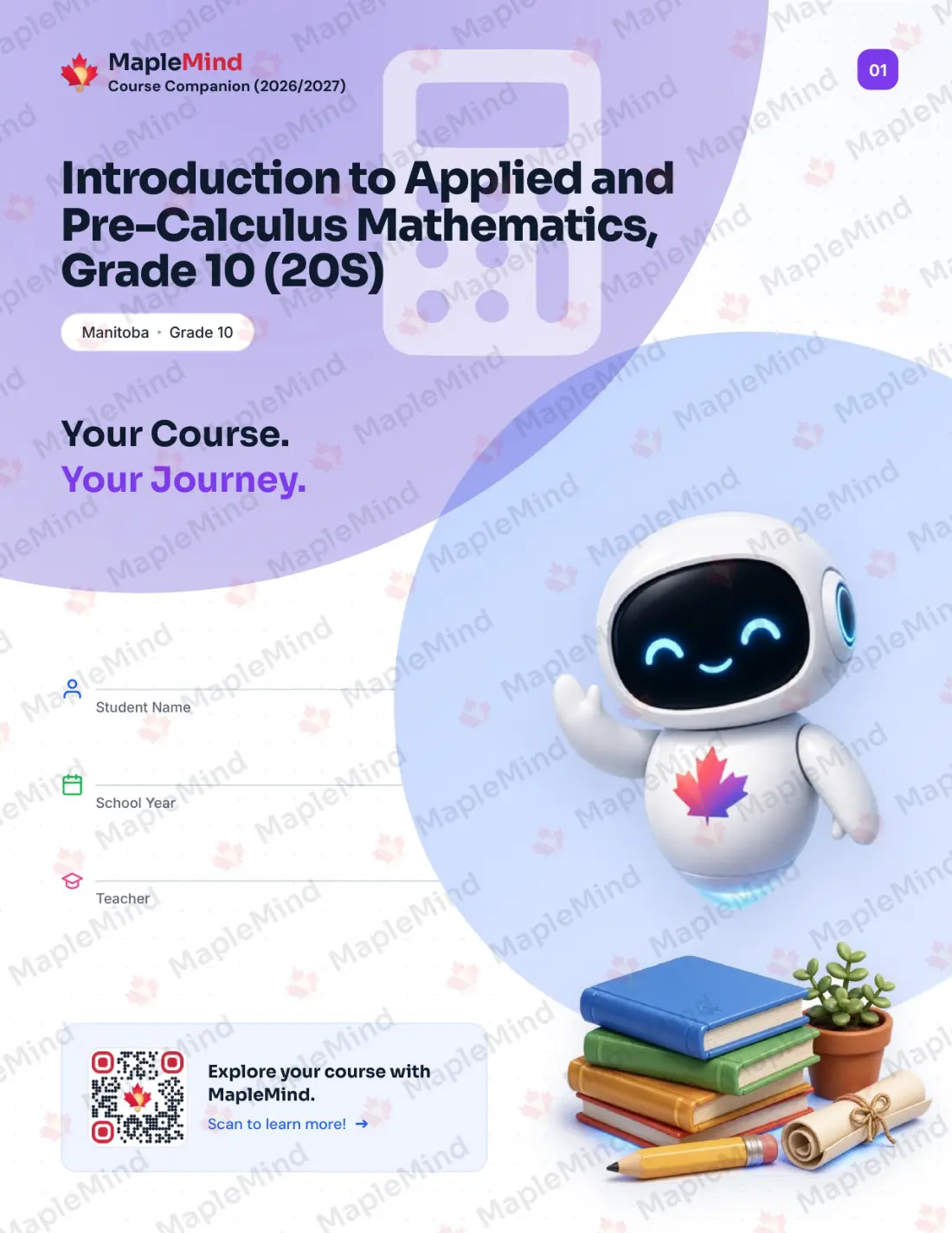 Page 1 of 25 from the Introduction to Applied and Pre-Calculus Mathematics, Grade 10 (20S) Manitoba Course Companion — workbook cover