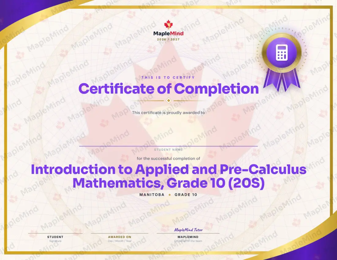 Page 25 of 25 from the Introduction to Applied and Pre-Calculus Mathematics, Grade 10 (20S) Manitoba Course Companion — year in review and certificate of completion