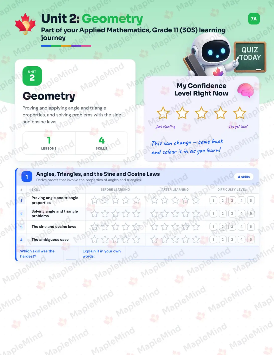Page 9 of 33 from the Applied Mathematics, Grade 11 (30S) Manitoba Course Companion — skills tracker with before and after self-assessment