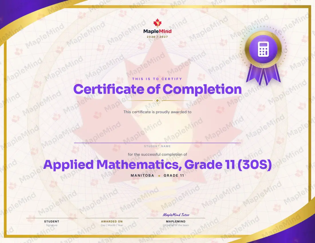 Page 33 of 33 from the Applied Mathematics, Grade 11 (30S) Manitoba Course Companion — year in review and certificate of completion