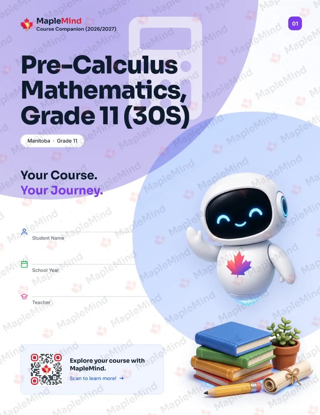 Page 1 of 26 from the Pre-Calculus Mathematics, Grade 11 (30S) Manitoba Course Companion — workbook cover