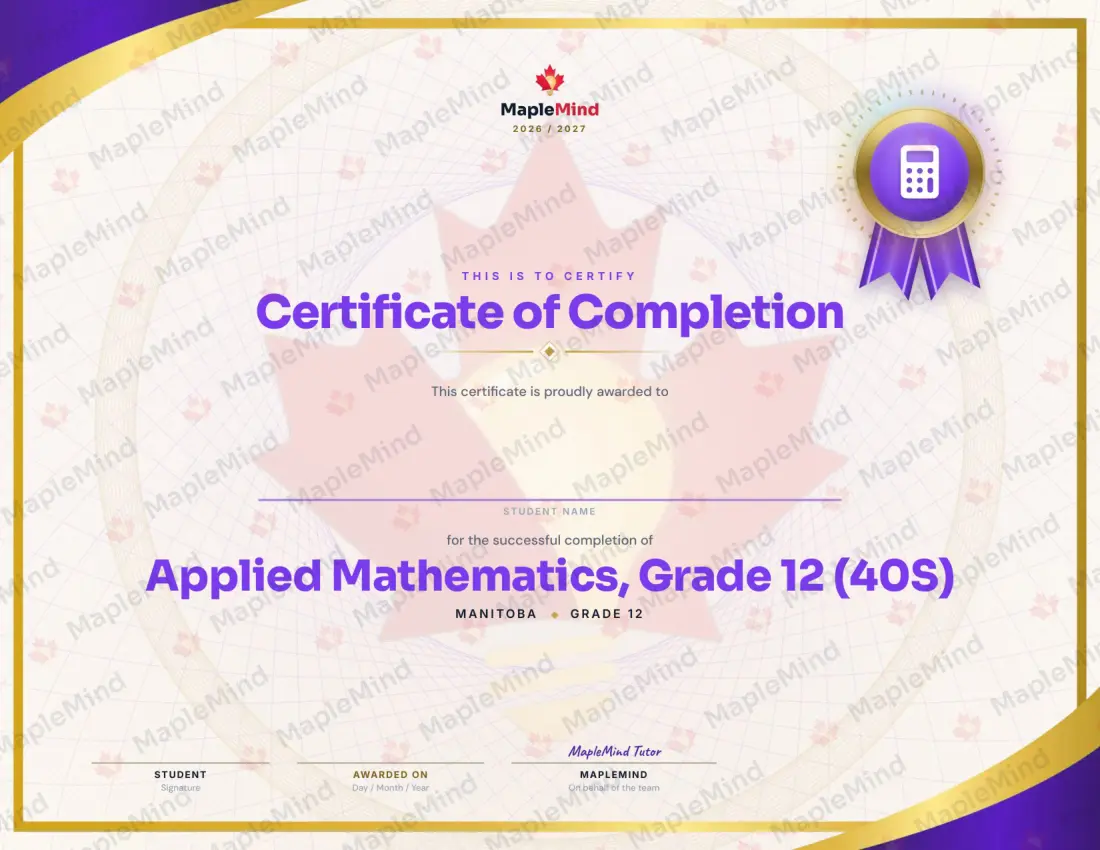 Page 37 of 37 from the Applied Mathematics, Grade 12 (40S) Manitoba Course Companion — year in review and certificate of completion