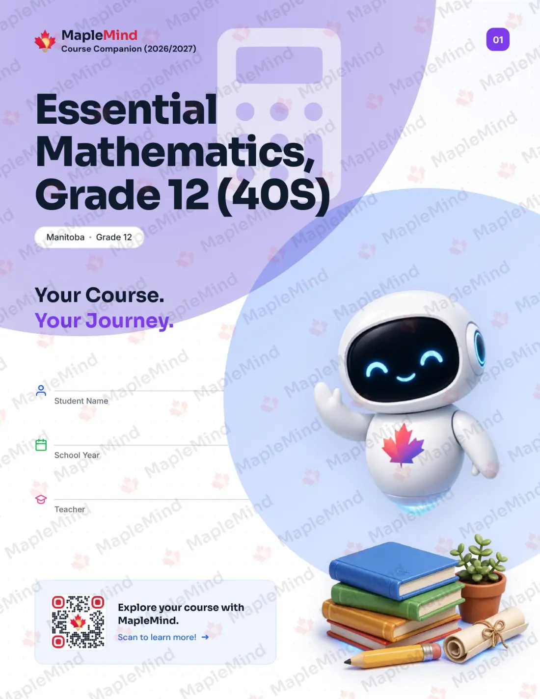 Page 1 of 43 from the Essential Mathematics, Grade 12 (40S) Manitoba Course Companion — workbook cover