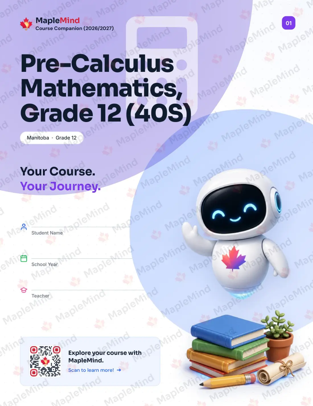 Page 1 of 25 from the Pre-Calculus Mathematics, Grade 12 (40S) Manitoba Course Companion — workbook cover