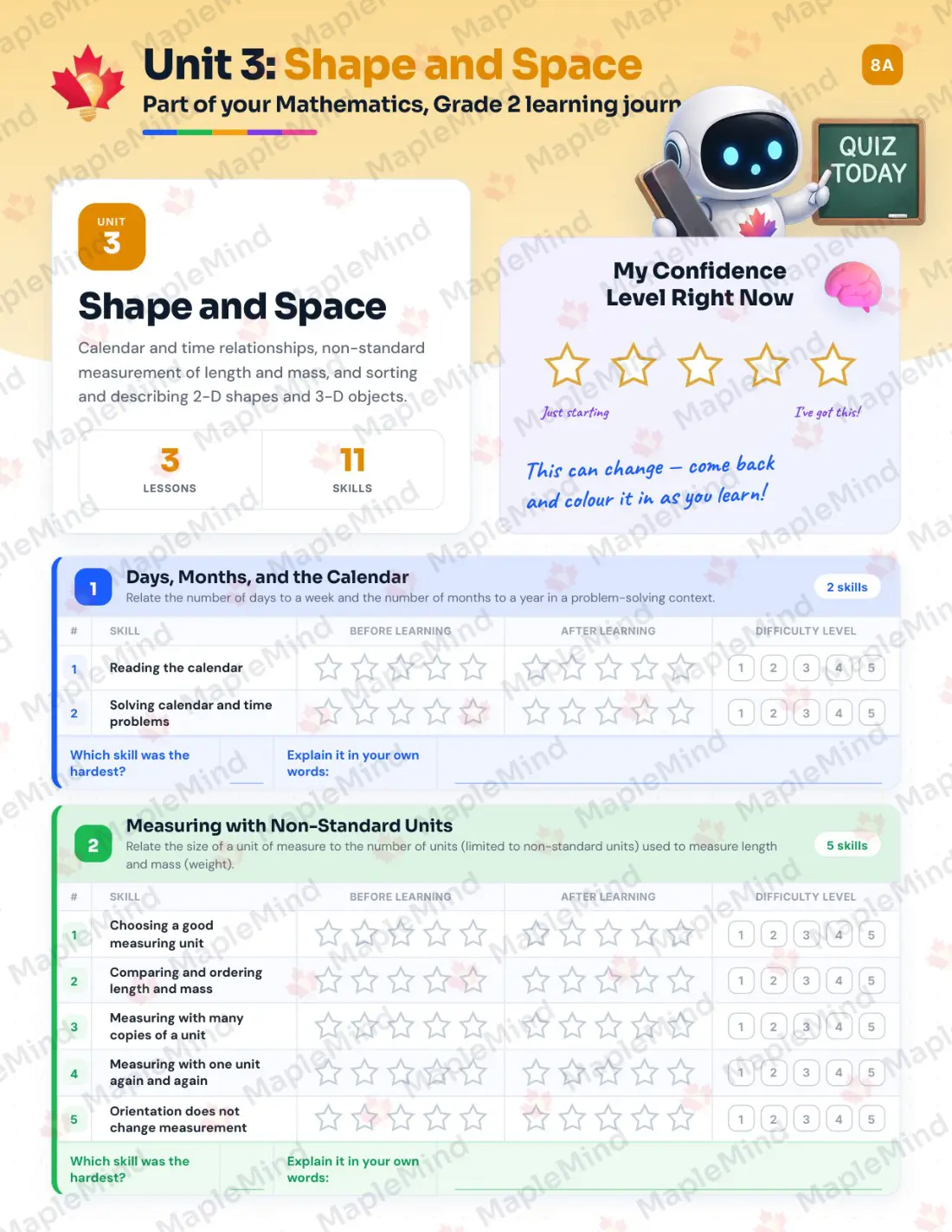 Page 13 of 29 from the Mathematics, Grade 2 Manitoba Course Companion — skills tracker with before and after self-assessment