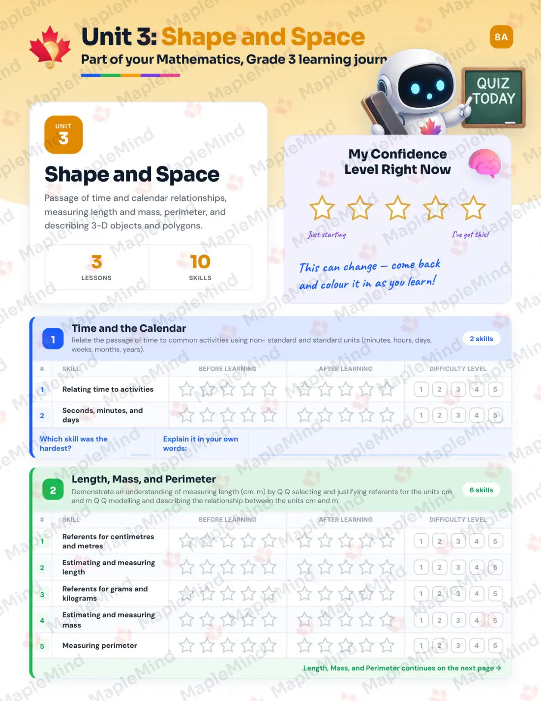 Page 14 of 30 from the Mathematics, Grade 3 Manitoba Course Companion — skills tracker with before and after self-assessment