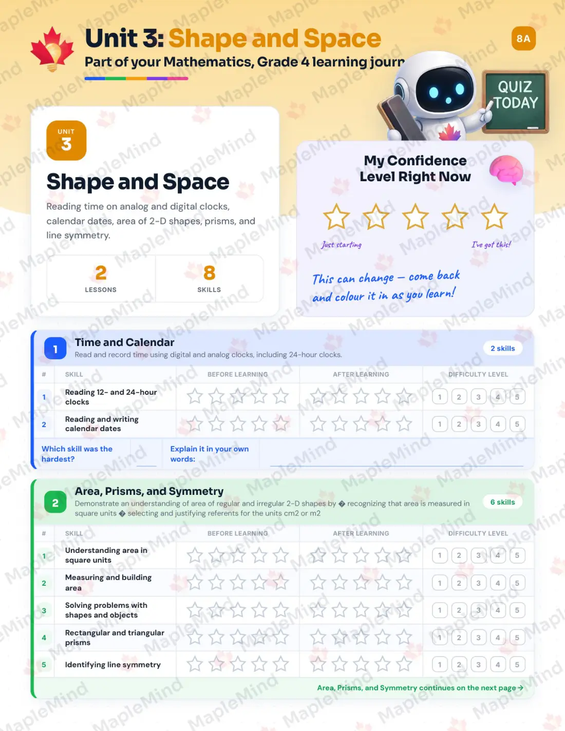 Page 14 of 30 from the Mathematics, Grade 4 Manitoba Course Companion — skills tracker with before and after self-assessment