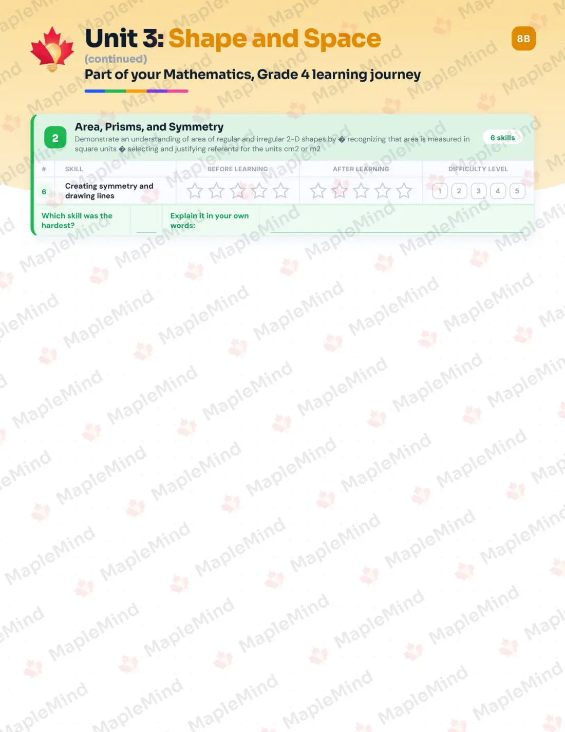 Page 15 of 30 from the Mathematics, Grade 4 Manitoba Course Companion — skills tracker with before and after self-assessment
