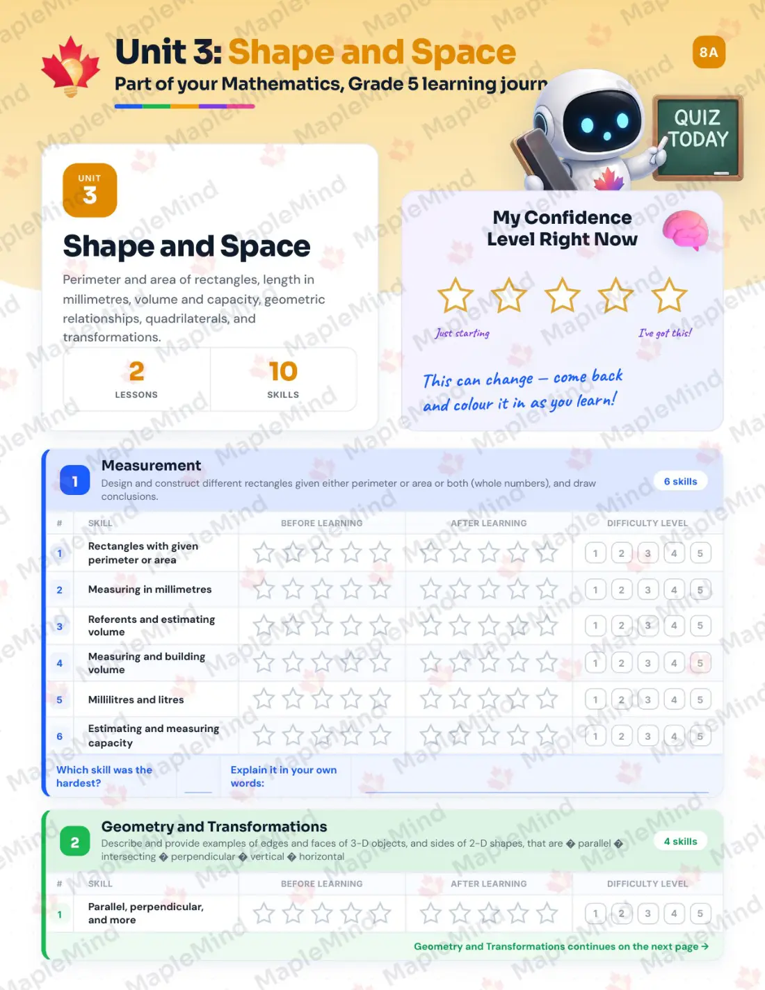 Page 14 of 30 from the Mathematics, Grade 5 Manitoba Course Companion — skills tracker with before and after self-assessment