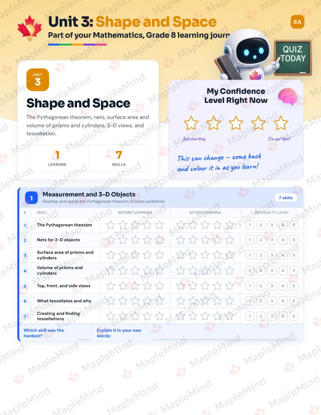 Page 12 of 27 from the Mathematics, Grade 8 Manitoba Course Companion — skills tracker with before and after self-assessment