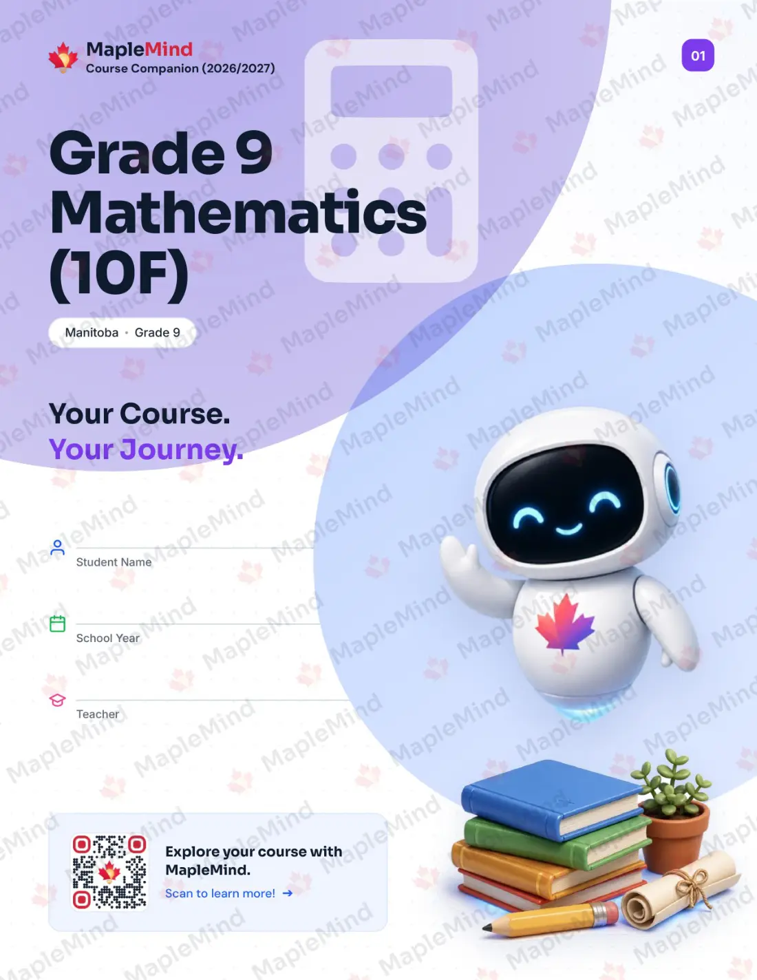 Page 1 of 29 from the Grade 9 Mathematics (10F) Manitoba Course Companion — workbook cover