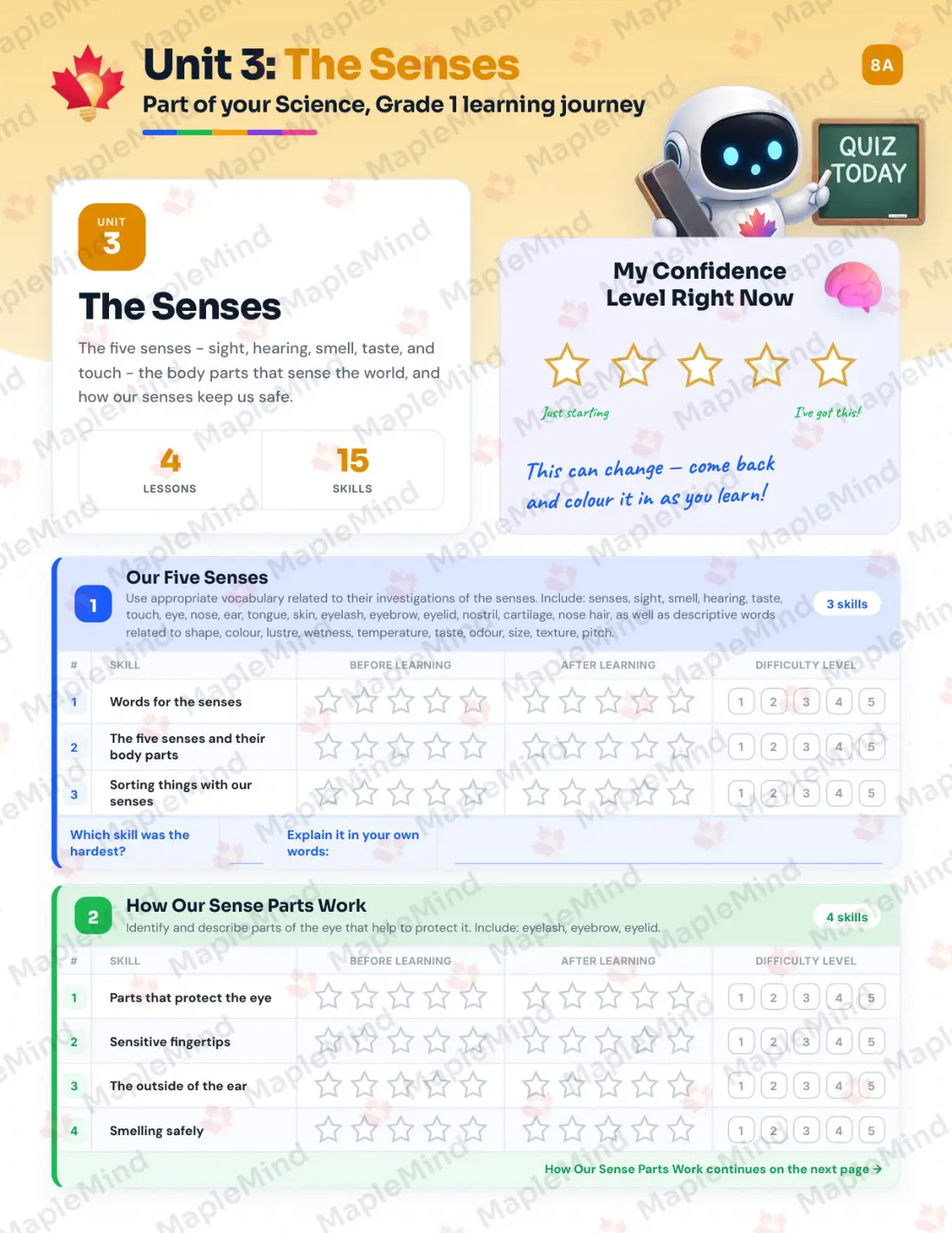 Page 14 of 35 from the Science, Grade 1 Manitoba Course Companion — skills tracker with before and after self-assessment
