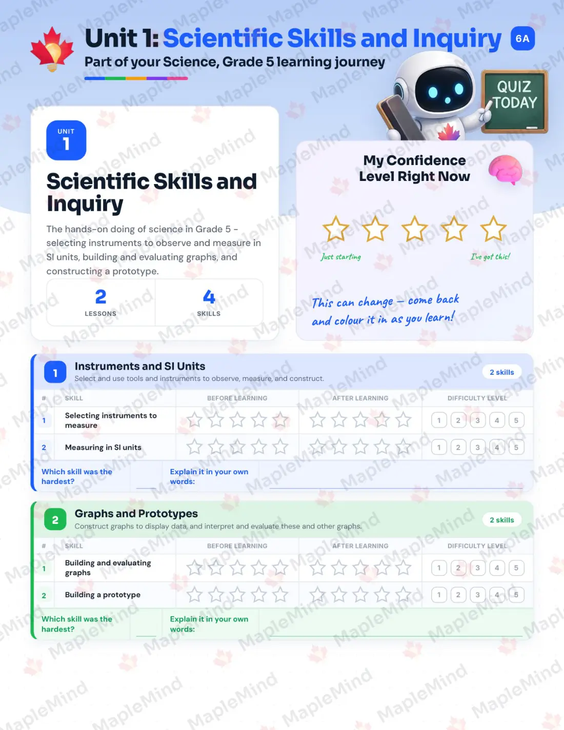 Page 7 of 35 from the Science, Grade 5 Manitoba Course Companion — skills tracker with before and after self-assessment