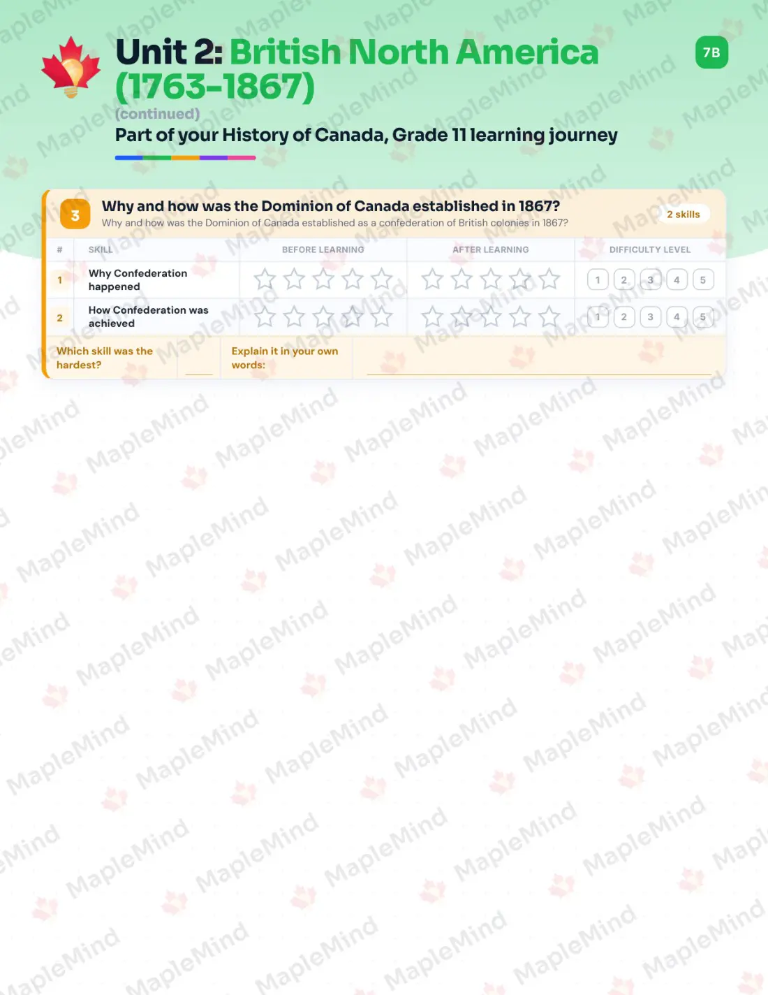 Page 12 of 36 from the History of Canada, Grade 11 Manitoba Course Companion — skills tracker with before and after self-assessment