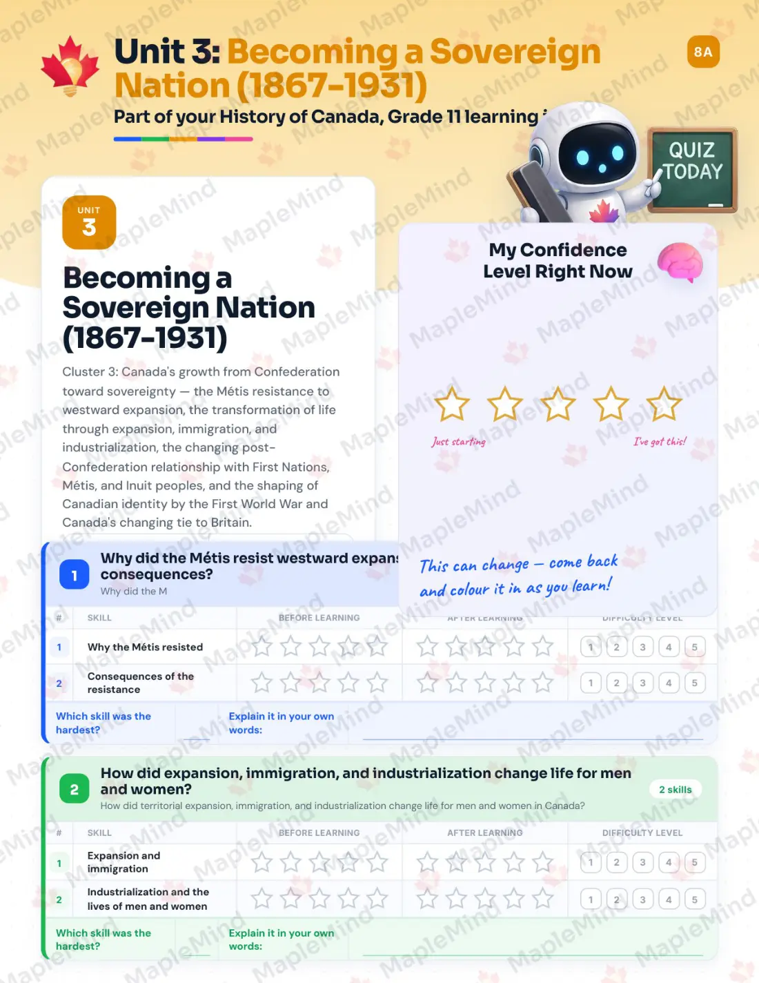 Page 15 of 36 from the History of Canada, Grade 11 Manitoba Course Companion — skills tracker with before and after self-assessment