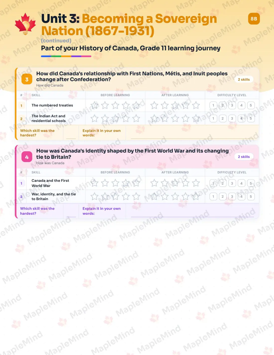 Page 16 of 36 from the History of Canada, Grade 11 Manitoba Course Companion — skills tracker with before and after self-assessment