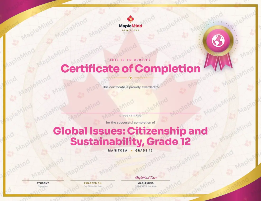 Page 26 of 26 from the Global Issues: Citizenship and Sustainability, Grade 12 Manitoba Course Companion — year in review and certificate of completion