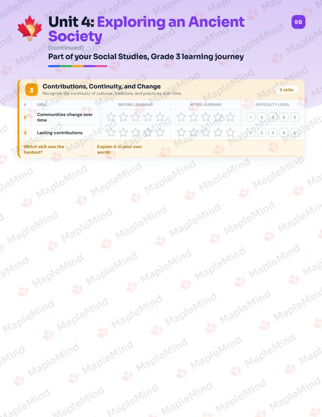 Page 21 of 33 from the Social Studies, Grade 3 Manitoba Course Companion — skills tracker with before and after self-assessment