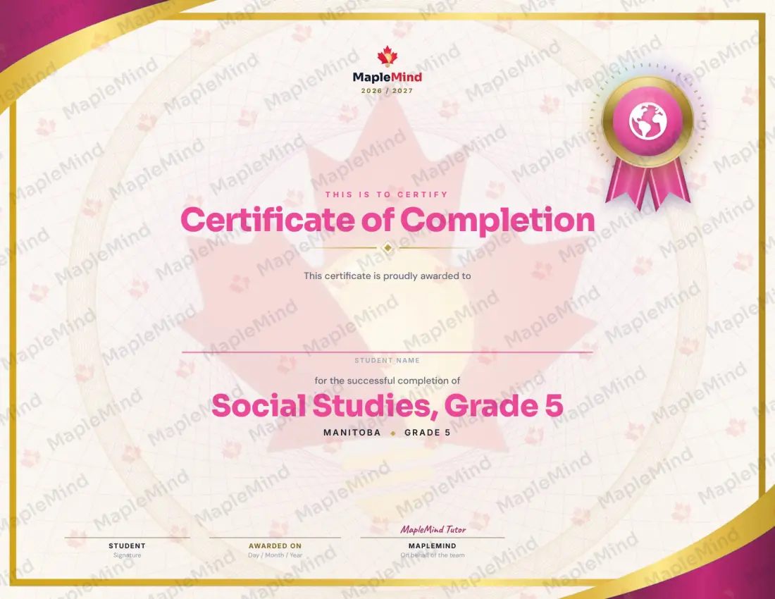 Page 32 of 32 from the Social Studies, Grade 5 Manitoba Course Companion — year in review and certificate of completion