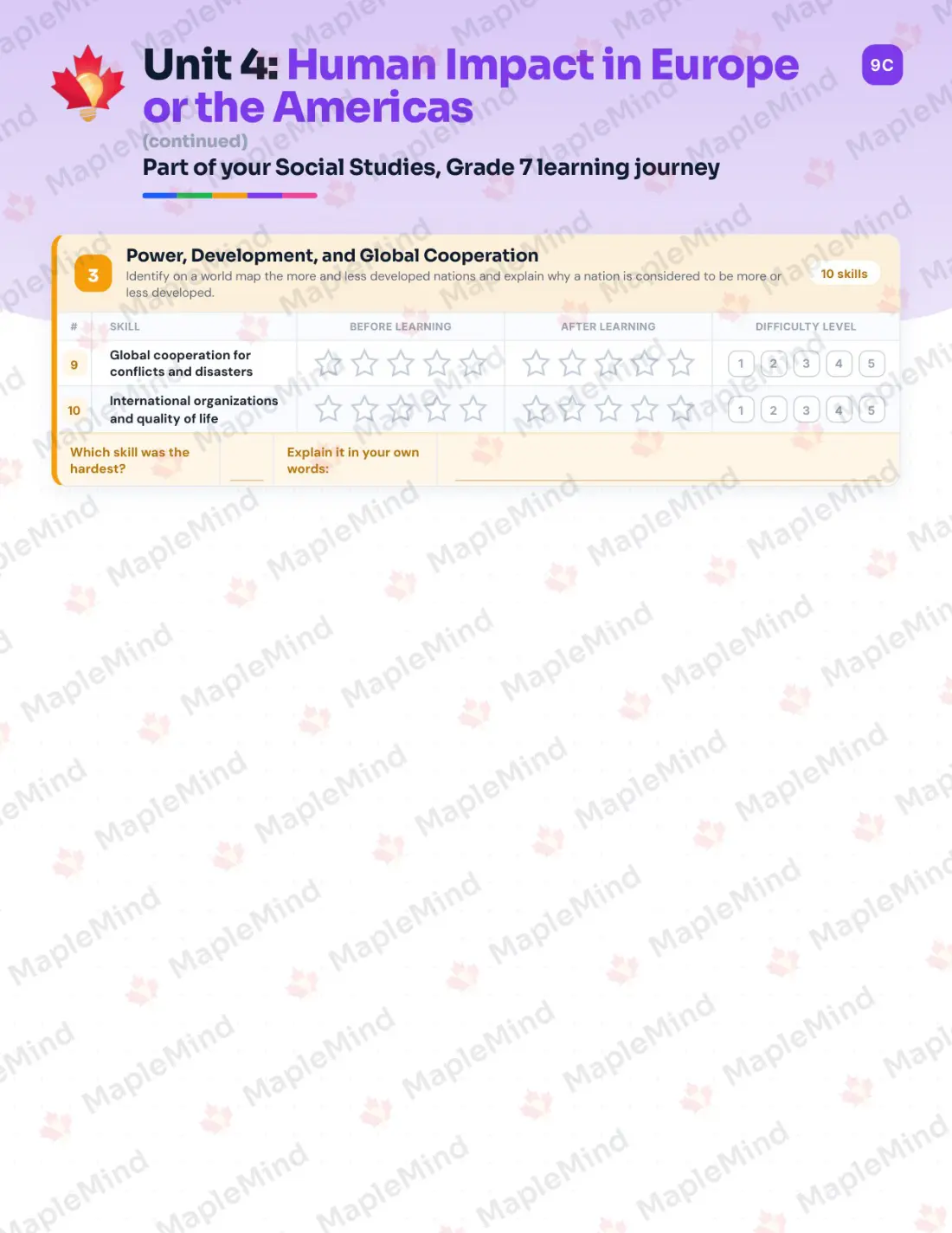 Page 19 of 31 from the Social Studies, Grade 7 Manitoba Course Companion — skills tracker with before and after self-assessment