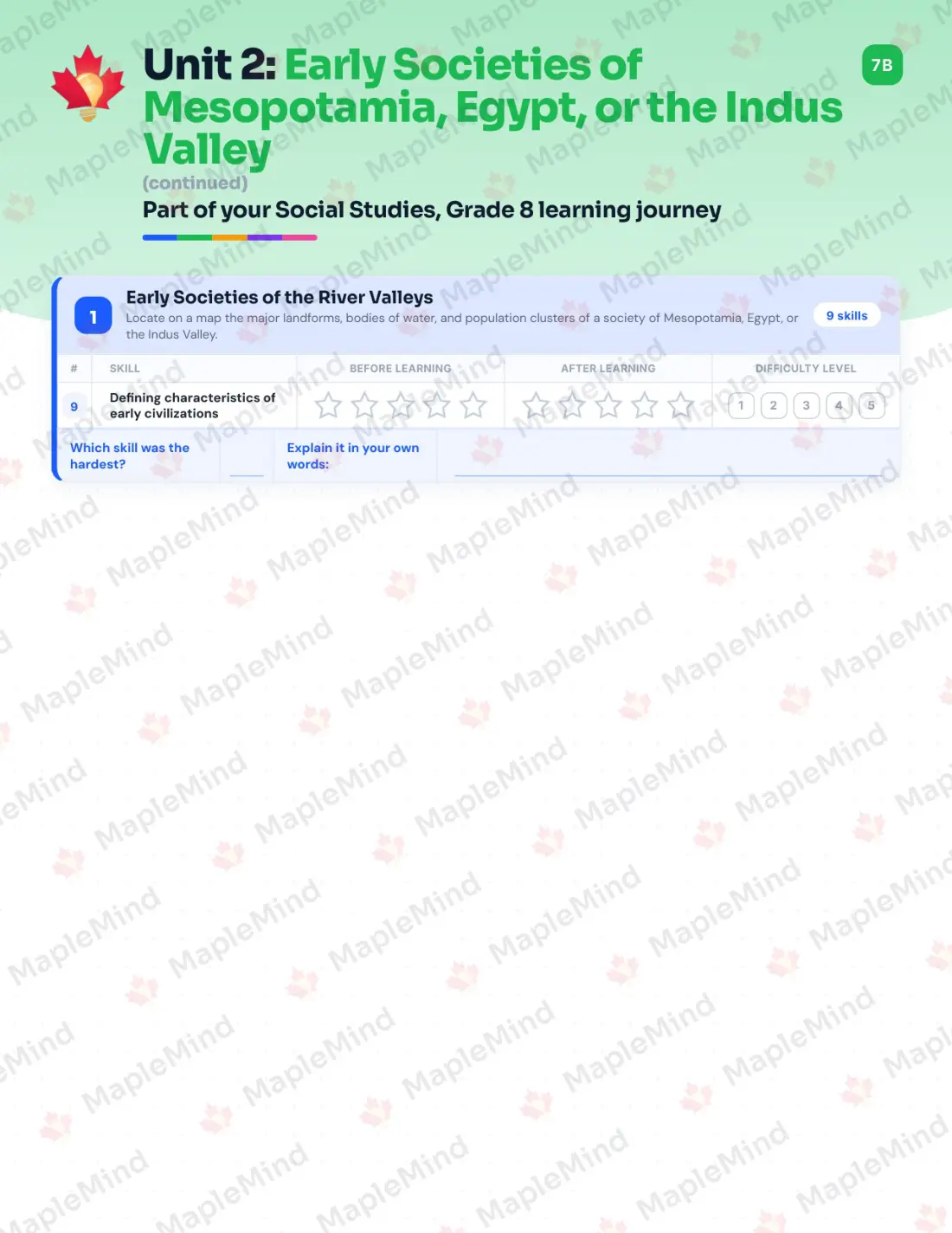 Page 11 of 35 from the Social Studies, Grade 8 Manitoba Course Companion — skills tracker with before and after self-assessment