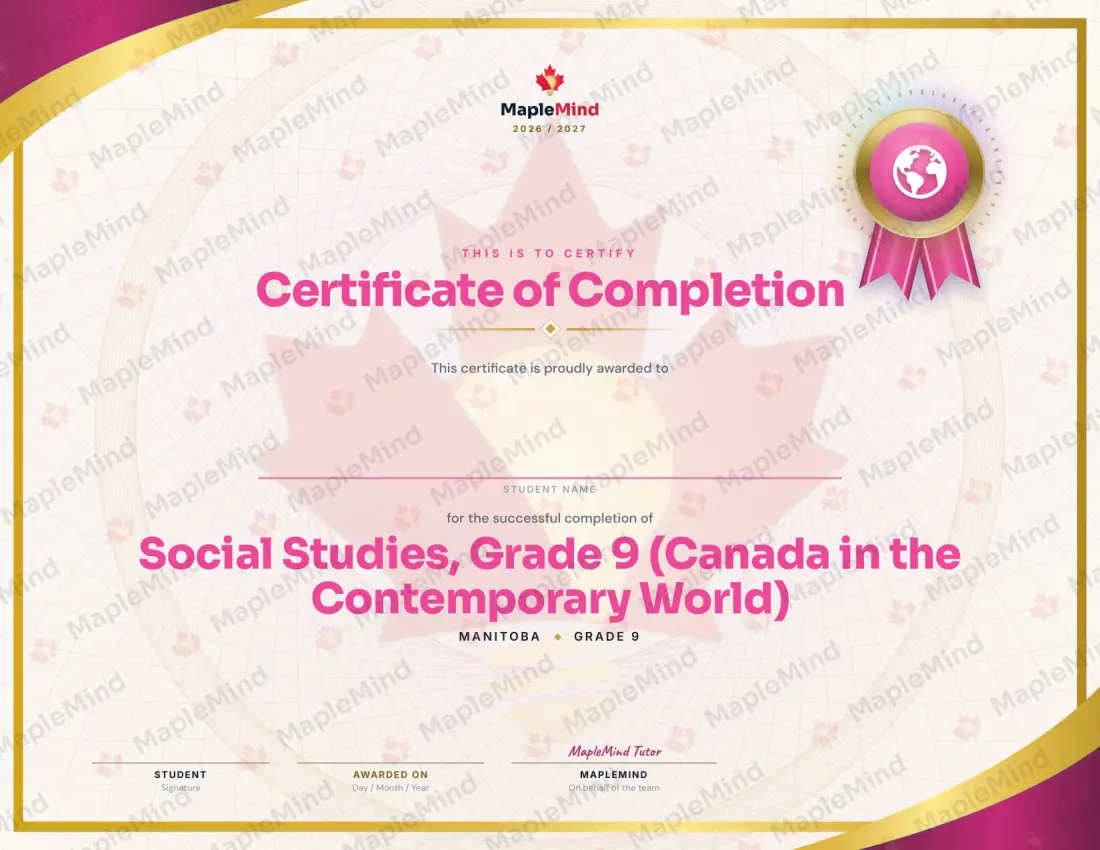 Page 31 of 31 from the Social Studies, Grade 9 (Canada in the Contemporary World) Manitoba Course Companion — year in review and certificate of completion