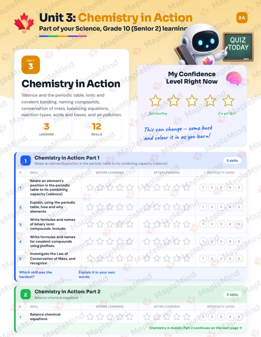 Page 13 of 34 from the Science, Grade 10 (Senior 2) Manitoba Course Companion — skills tracker with before and after self-assessment