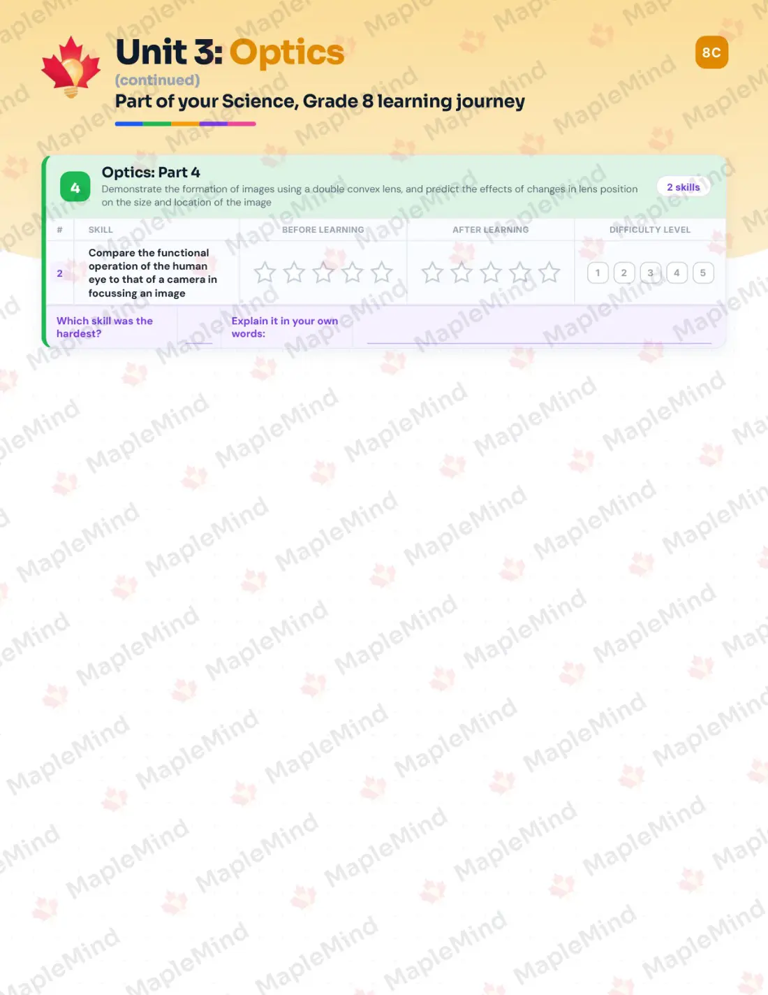 Page 17 of 39 from the Science, Grade 8 Manitoba Course Companion — skills tracker with before and after self-assessment
