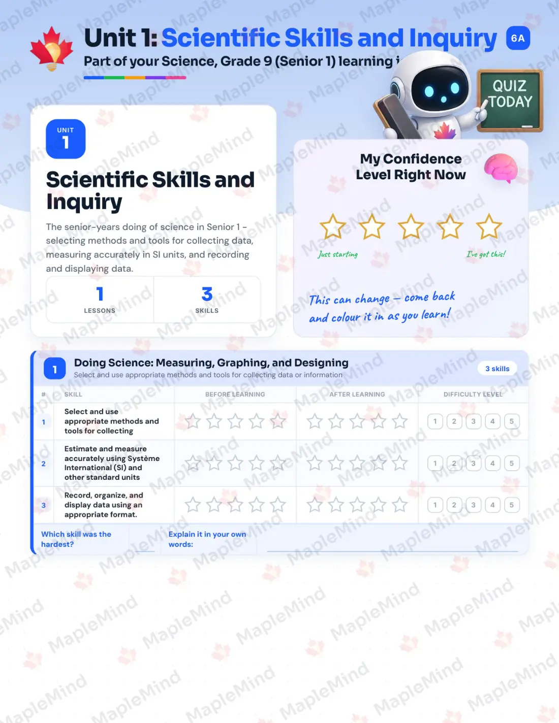 Page 7 of 37 from the Science, Grade 9 (Senior 1) Manitoba Course Companion — skills tracker with before and after self-assessment
