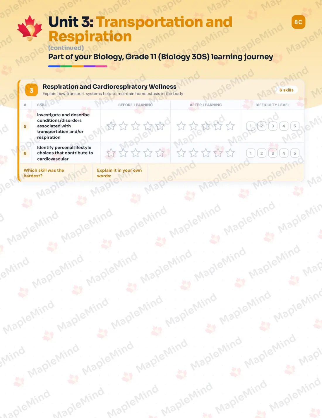 Page 17 of 41 from the Biology, Grade 11 (Biology 30S) Manitoba Course Companion — skills tracker with before and after self-assessment