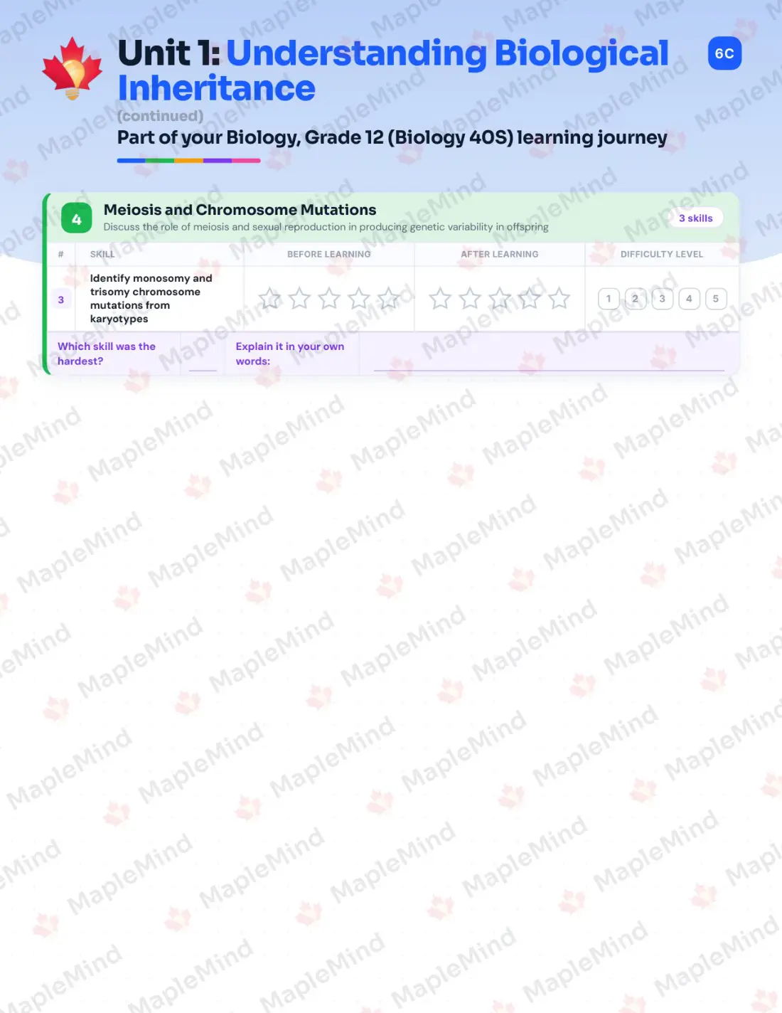 Page 9 of 36 from the Biology, Grade 12 (Biology 40S) Manitoba Course Companion — skills tracker with before and after self-assessment