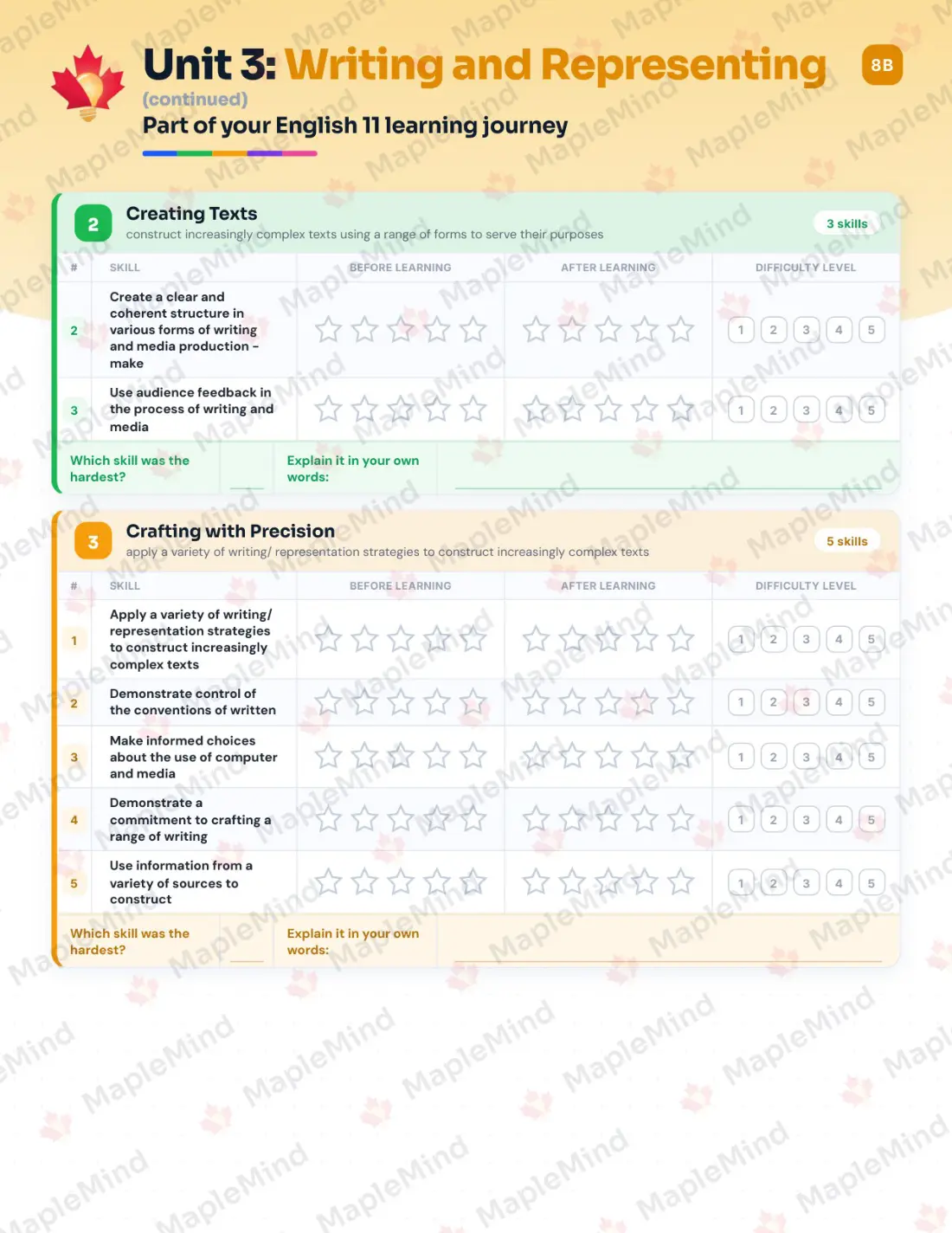 Page 16 of 27 from the English 11 New Brunswick Course Companion — skills tracker with before and after self-assessment
