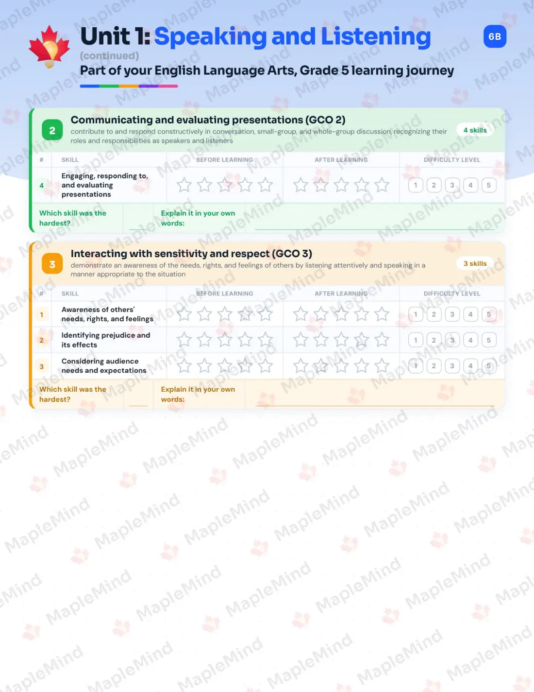 Page 7 of 26 from the English Language Arts, Grade 5 New Brunswick Course Companion — skills tracker with before and after self-assessment