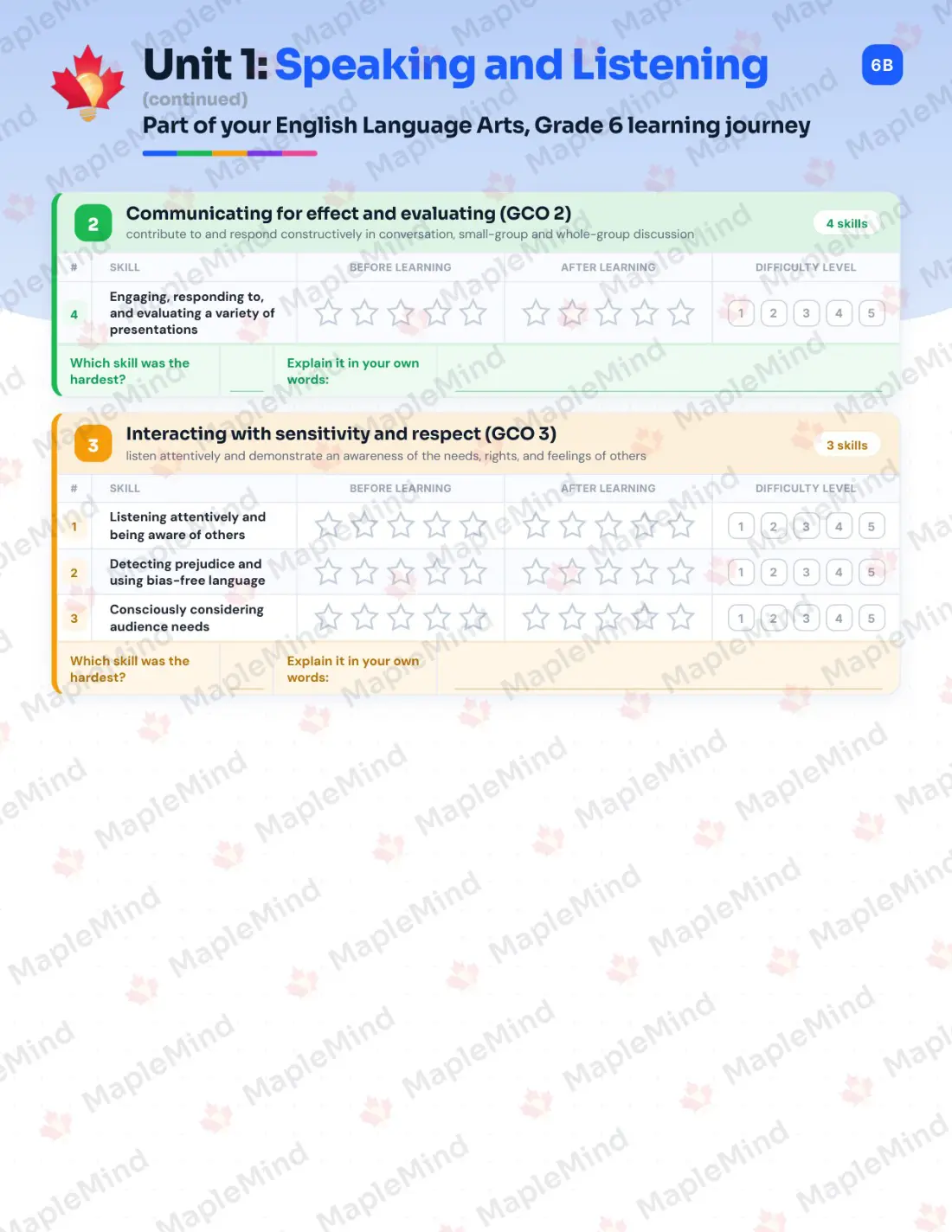Page 7 of 26 from the English Language Arts, Grade 6 New Brunswick Course Companion — skills tracker with before and after self-assessment