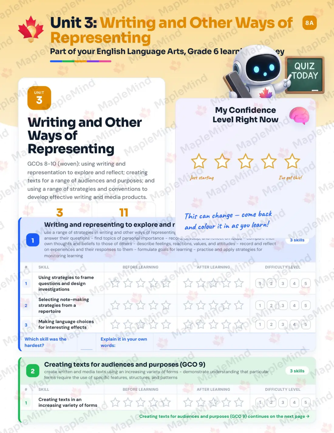 Page 14 of 26 from the English Language Arts, Grade 6 New Brunswick Course Companion — skills tracker with before and after self-assessment