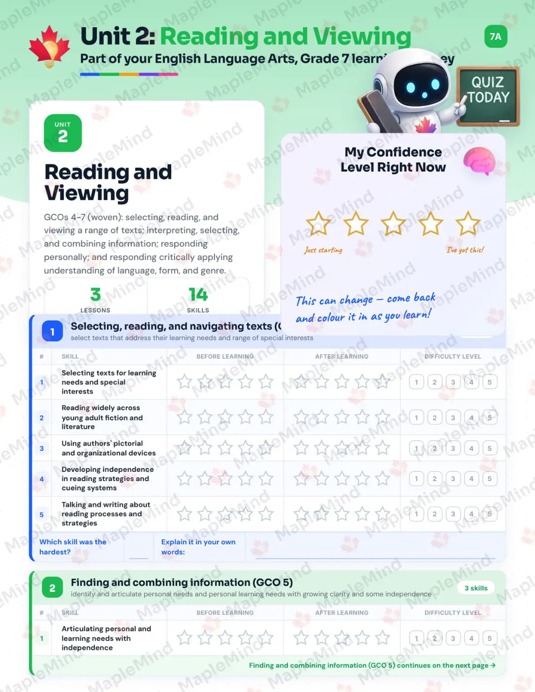 Page 10 of 26 from the English Language Arts, Grade 7 New Brunswick Course Companion — skills tracker with before and after self-assessment