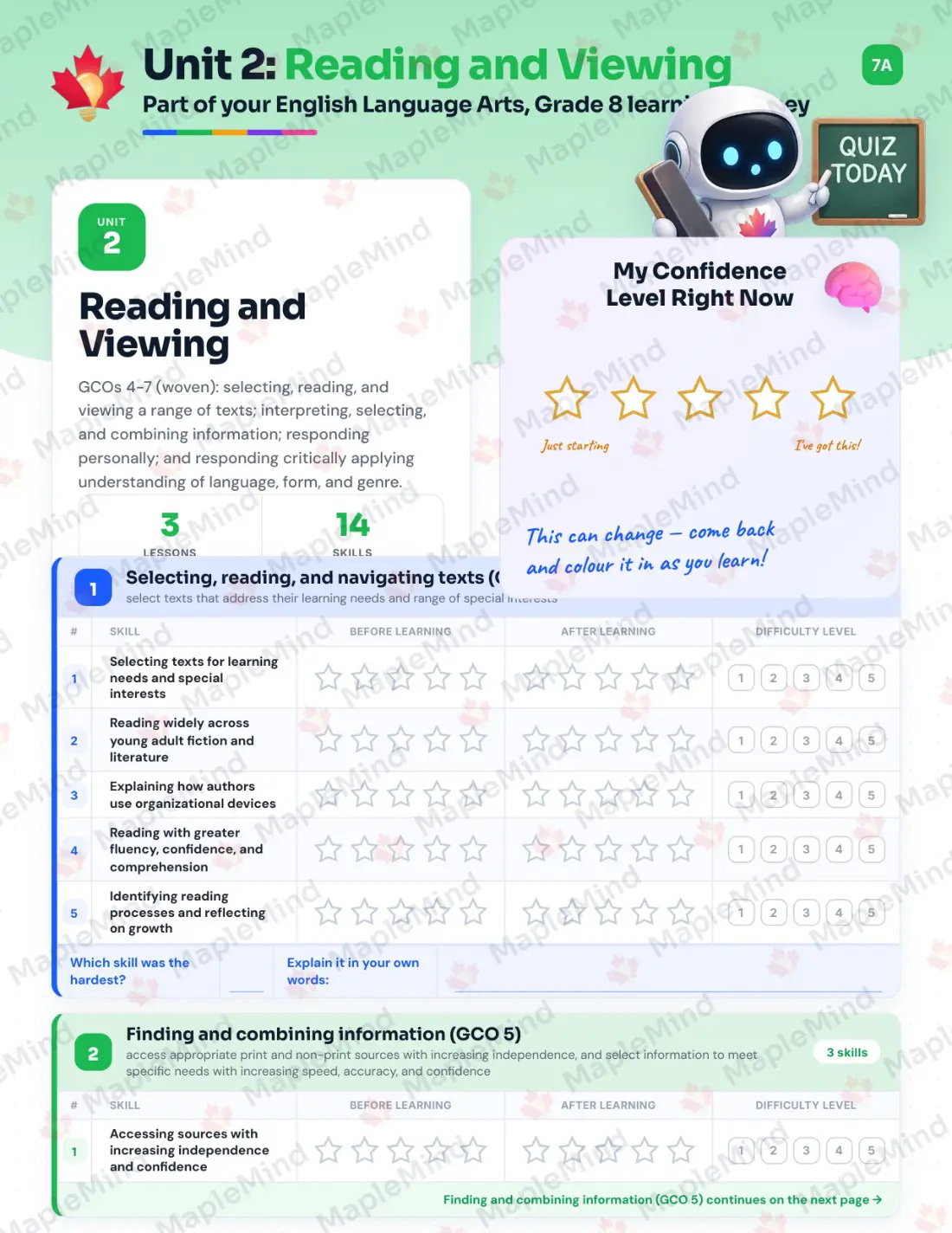 Page 10 of 26 from the English Language Arts, Grade 8 New Brunswick Course Companion — skills tracker with before and after self-assessment