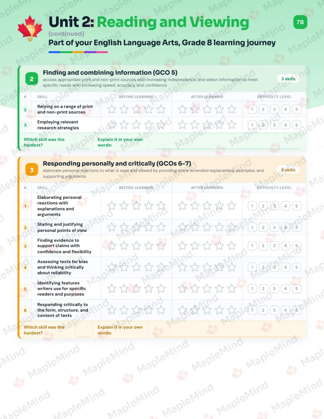 Page 11 of 26 from the English Language Arts, Grade 8 New Brunswick Course Companion — skills tracker with before and after self-assessment