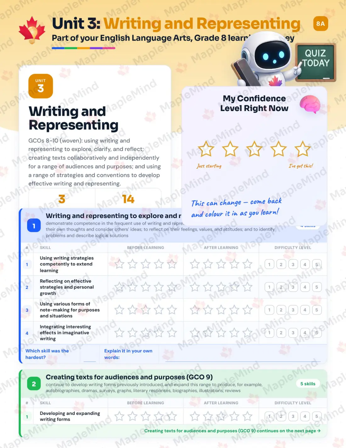 Page 14 of 26 from the English Language Arts, Grade 8 New Brunswick Course Companion — skills tracker with before and after self-assessment
