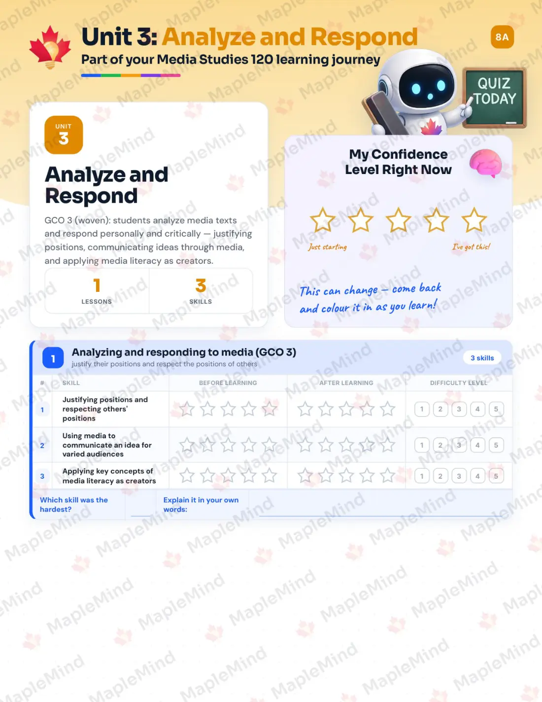 Page 12 of 23 from the Media Studies 120 New Brunswick Course Companion — skills tracker with before and after self-assessment