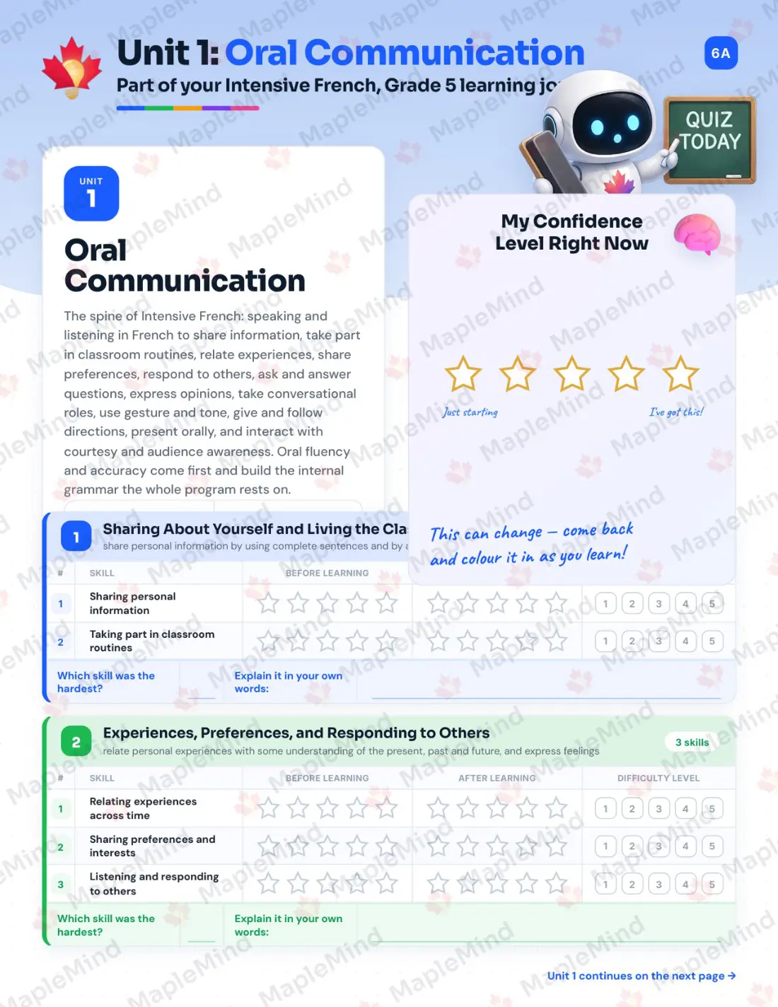Page 6 of 26 from the Intensive French, Grade 5 New Brunswick Course Companion — skills tracker with before and after self-assessment