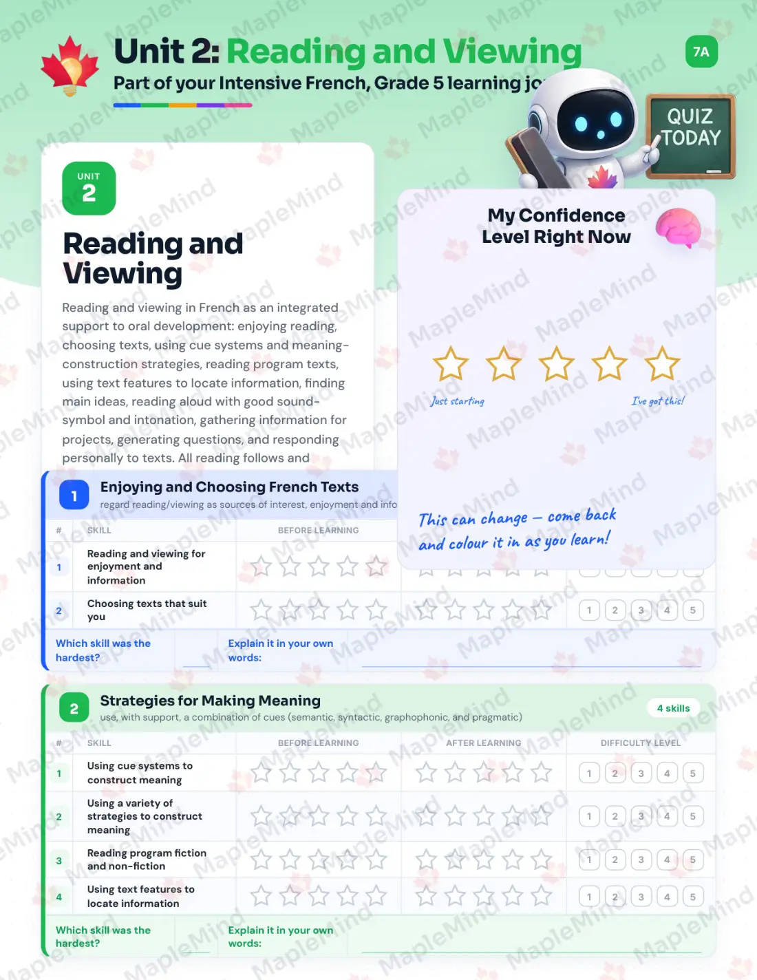 Page 10 of 26 from the Intensive French, Grade 5 New Brunswick Course Companion — skills tracker with before and after self-assessment