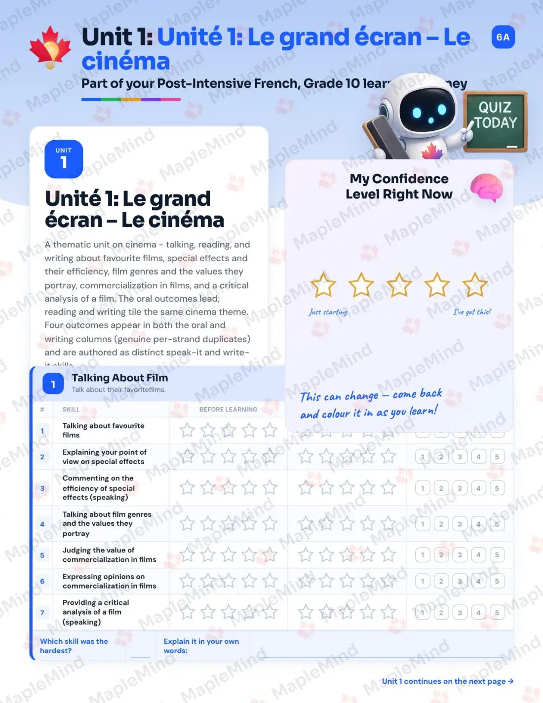 Page 6 of 26 from the Post-Intensive French, Grade 10 New Brunswick Course Companion — skills tracker with before and after self-assessment