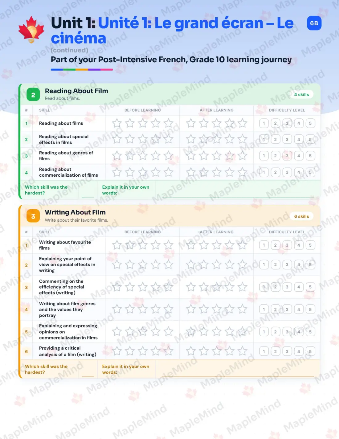 Page 7 of 26 from the Post-Intensive French, Grade 10 New Brunswick Course Companion — skills tracker with before and after self-assessment
